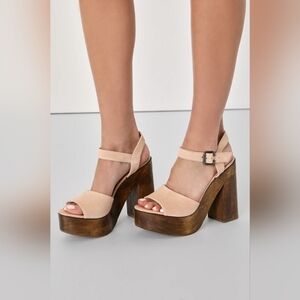 Lulus Lolita Leather Light Nude Suede Wooden Platform Heels